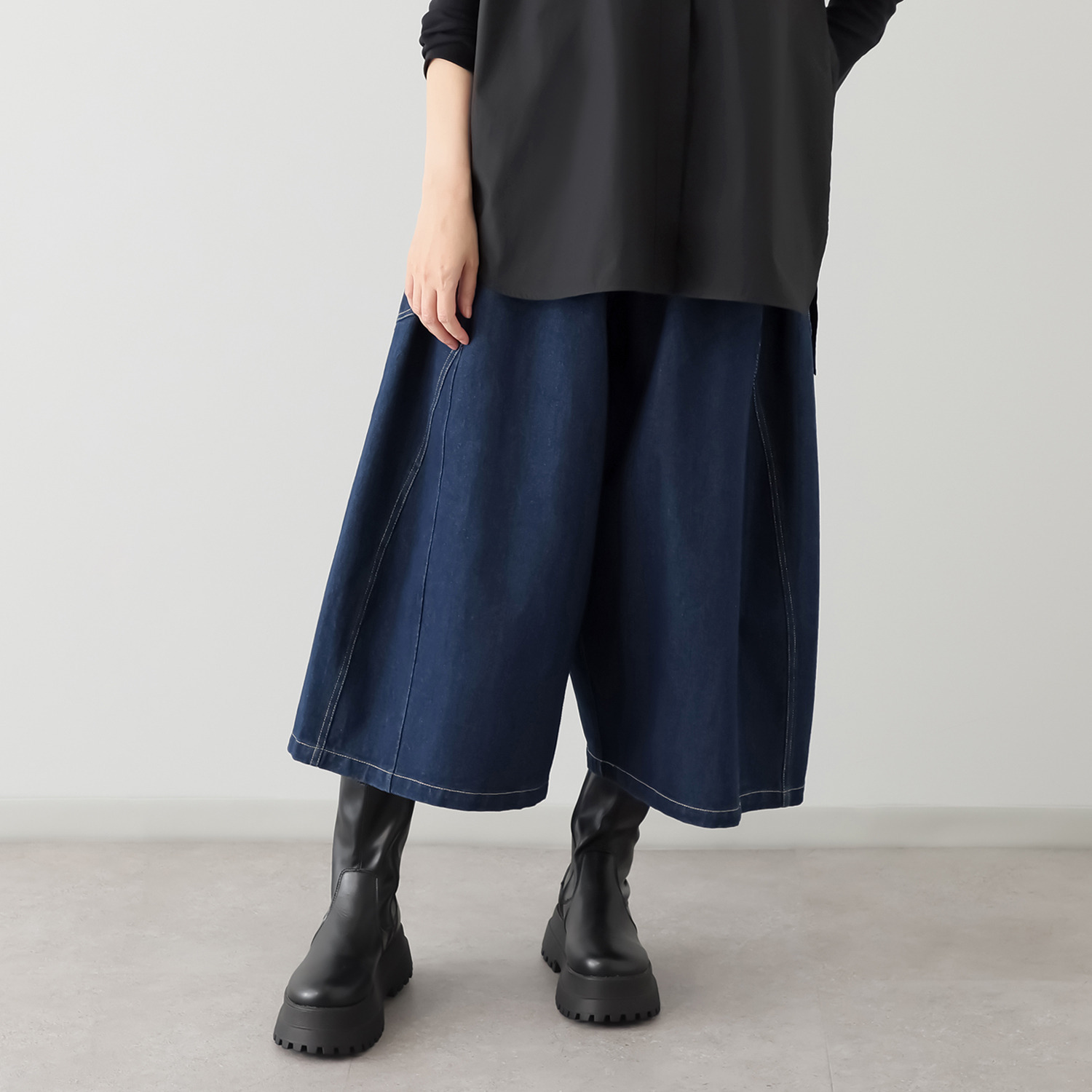 ベルデニム ウォッシュ加工入り ワイドシルエット デニム素材デザインパンツ