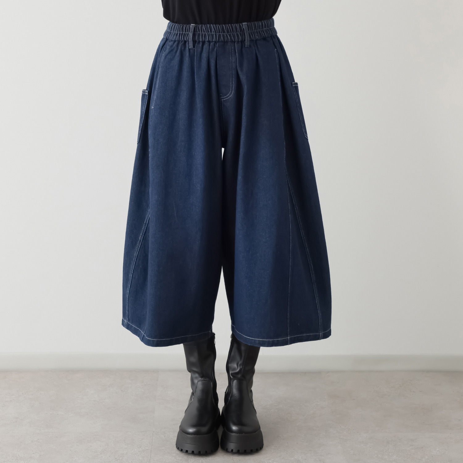 ベルデニム ウォッシュ加工入り ワイドシルエット デニム素材デザインパンツ