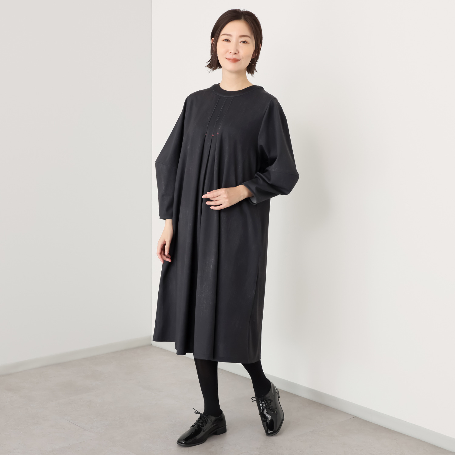 ベルデニム デニム風プリント ストレッチジャージー使用 デザインスリーブ ワンピース