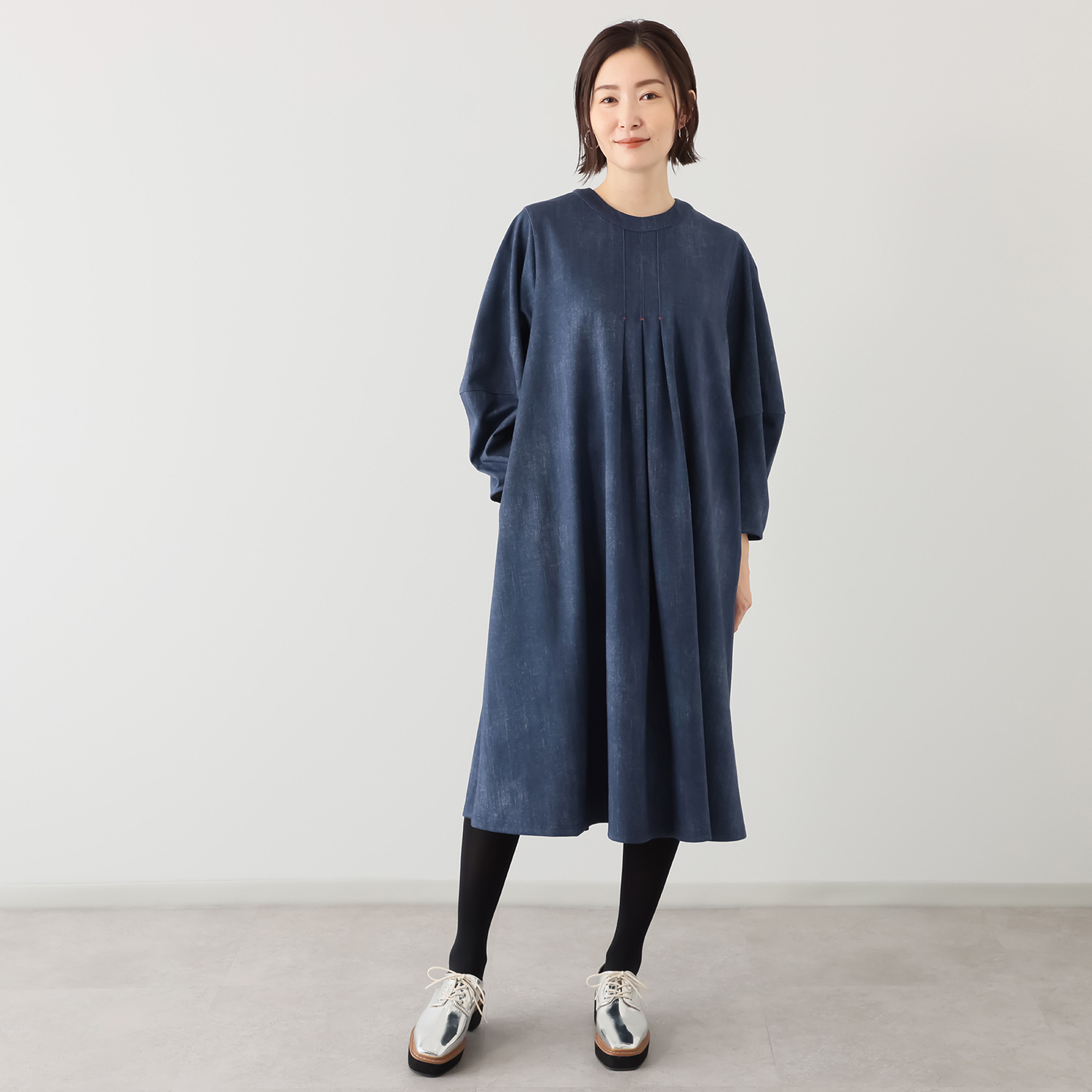 ベルデニム デニム風プリント ストレッチジャージー使用 デザインスリーブ ワンピース