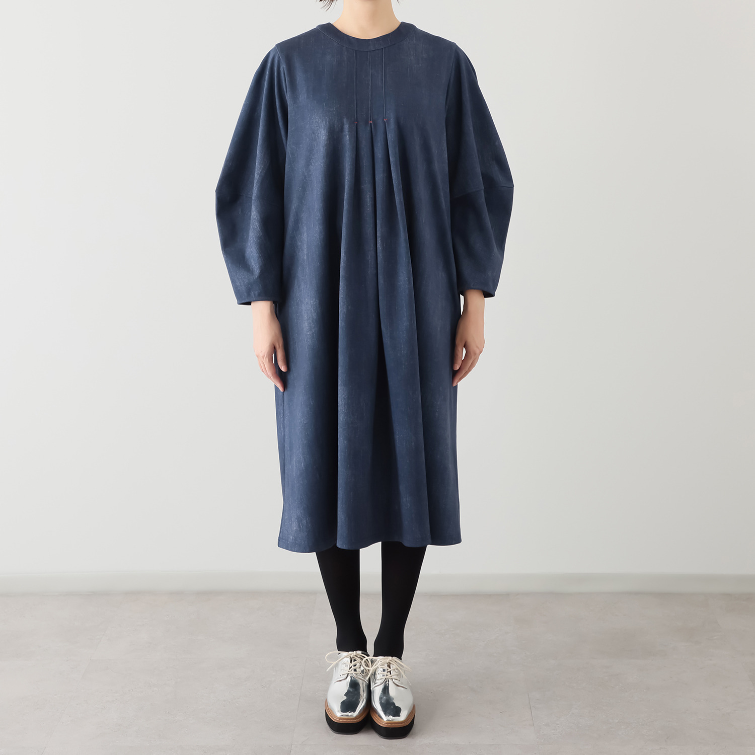 ベルデニム デニム風プリント ストレッチジャージー使用 デザインスリーブ ワンピース