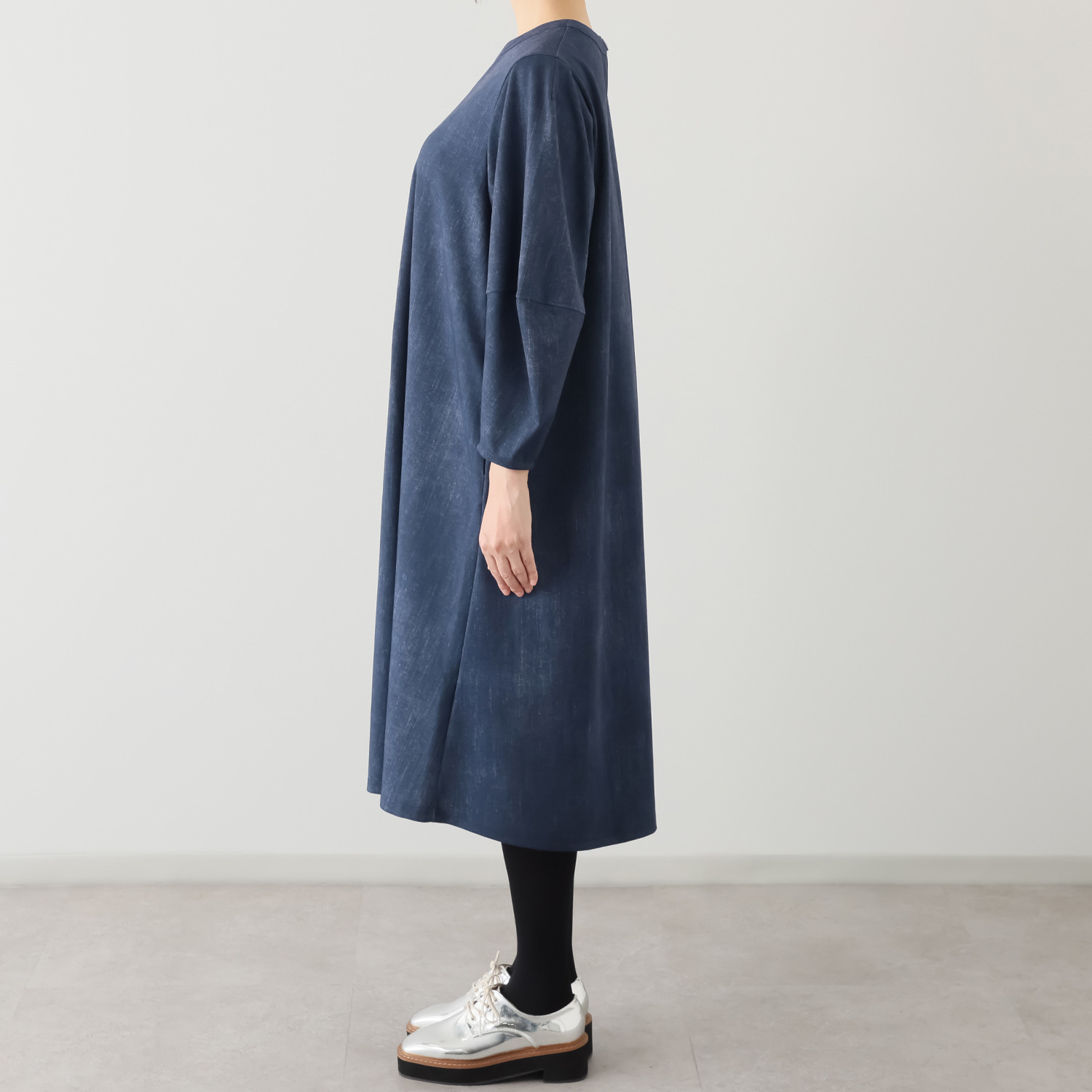 ベルデニム デニム風プリント ストレッチジャージー使用 デザインスリーブ ワンピース