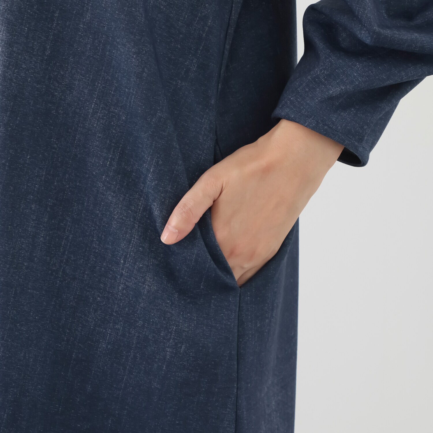 ベルデニム デニム風プリント ストレッチジャージー使用 デザインスリーブ ワンピース