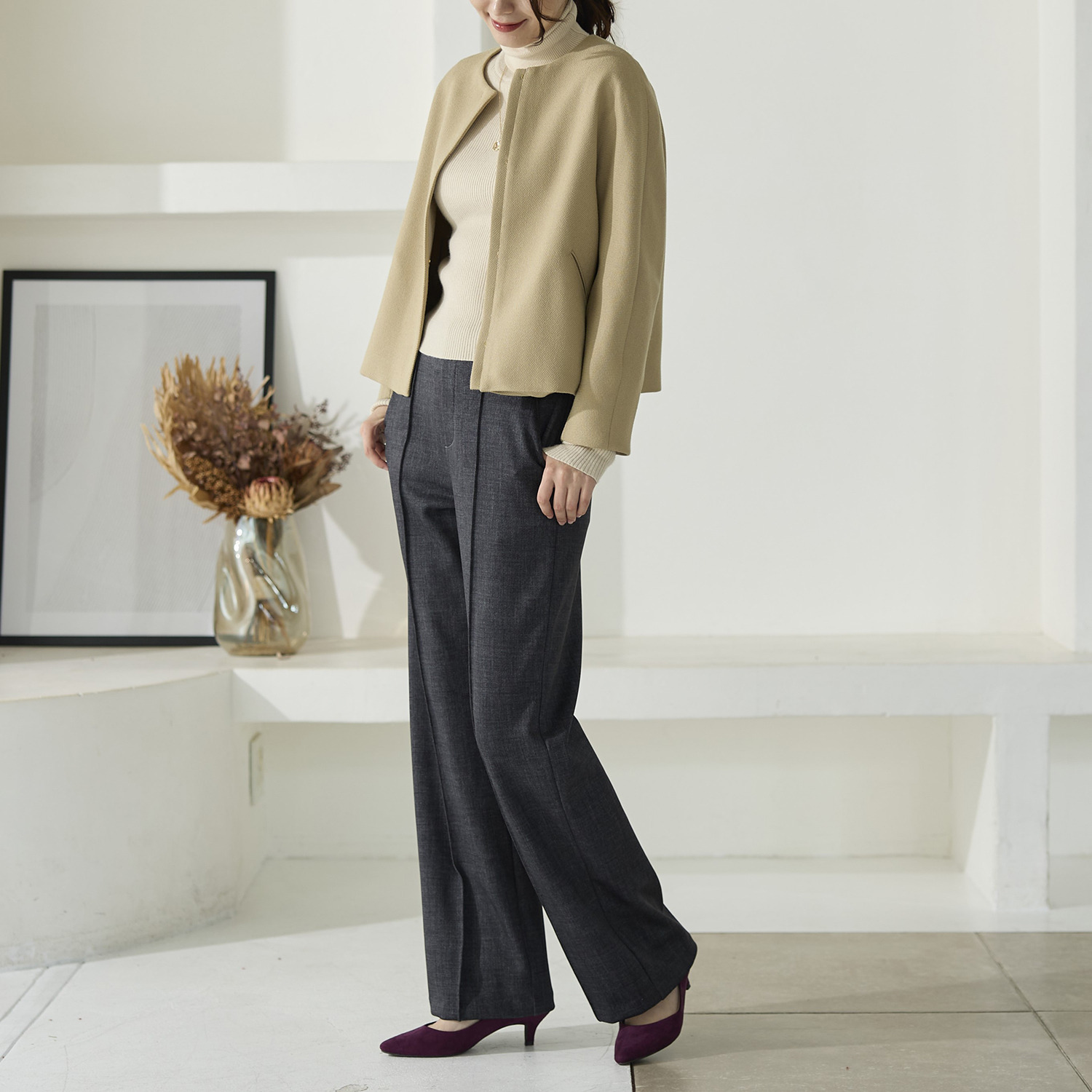 ＴＡＫＵＭＩＢＡ すふれ起毛プラス 保温 デニムプリント イージーワイドスラックス