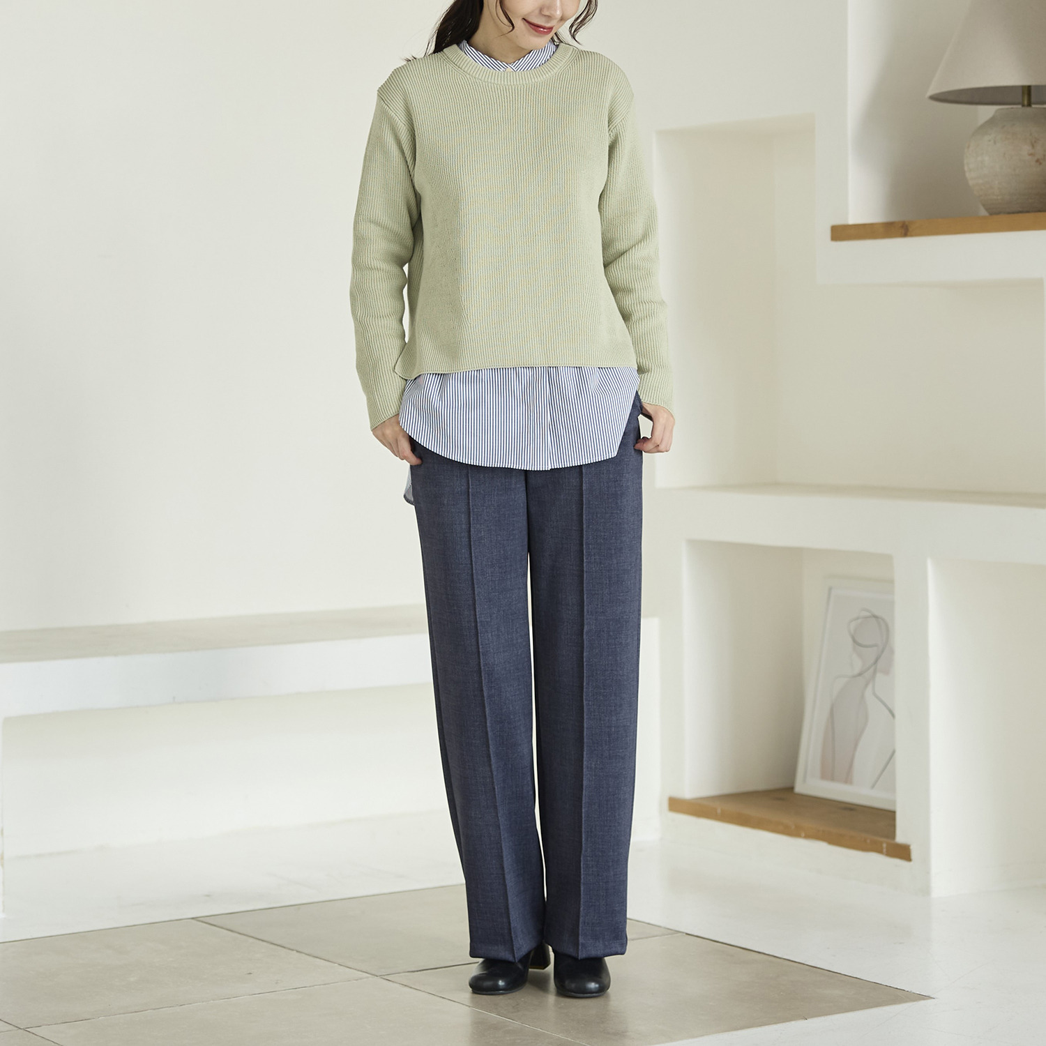 ＴＡＫＵＭＩＢＡ すふれ起毛プラス 保温 デニムプリント イージーワイドスラックス