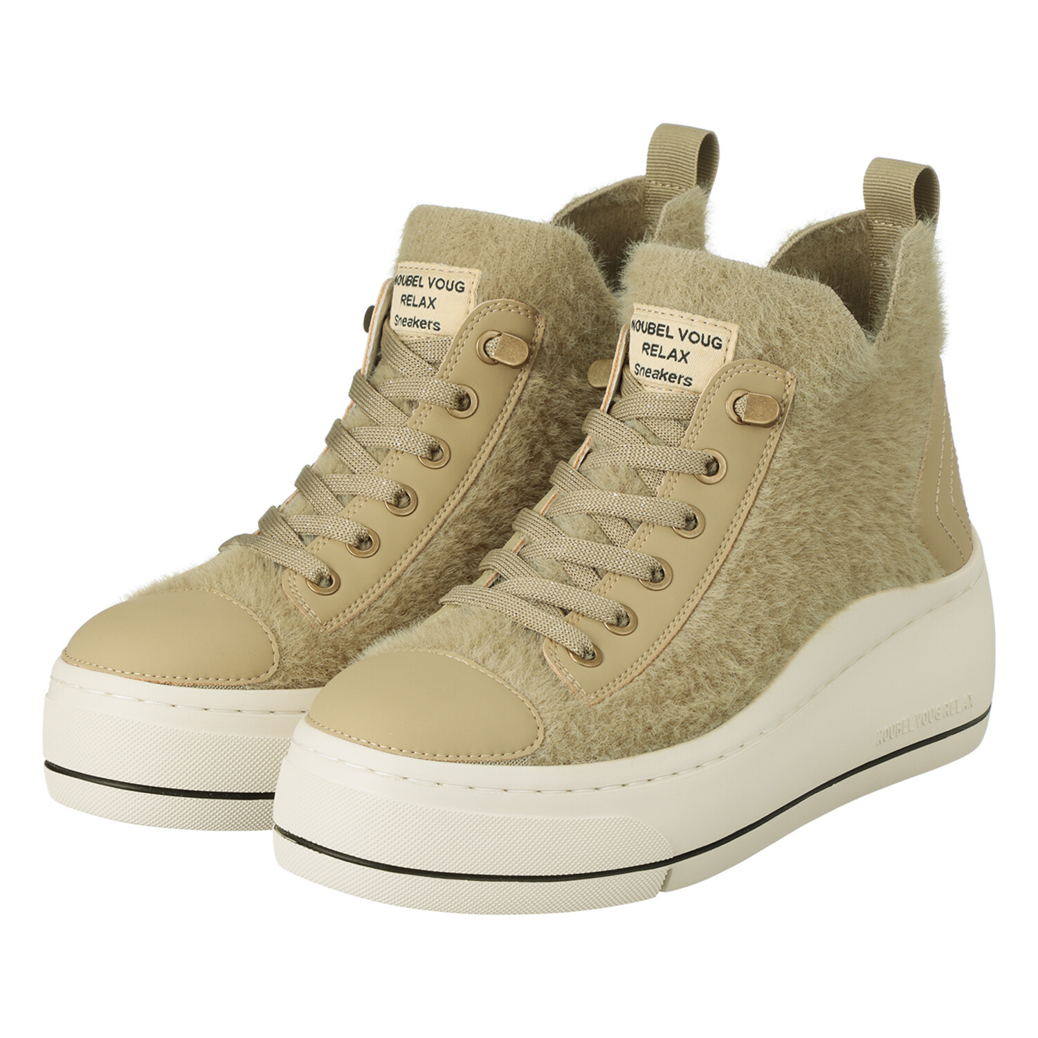 ヌーベルヴォーグ リュクスライン ふわふわモコモコニット＆ 牛革 解かずに履ける 厚底スニーカーブーツ