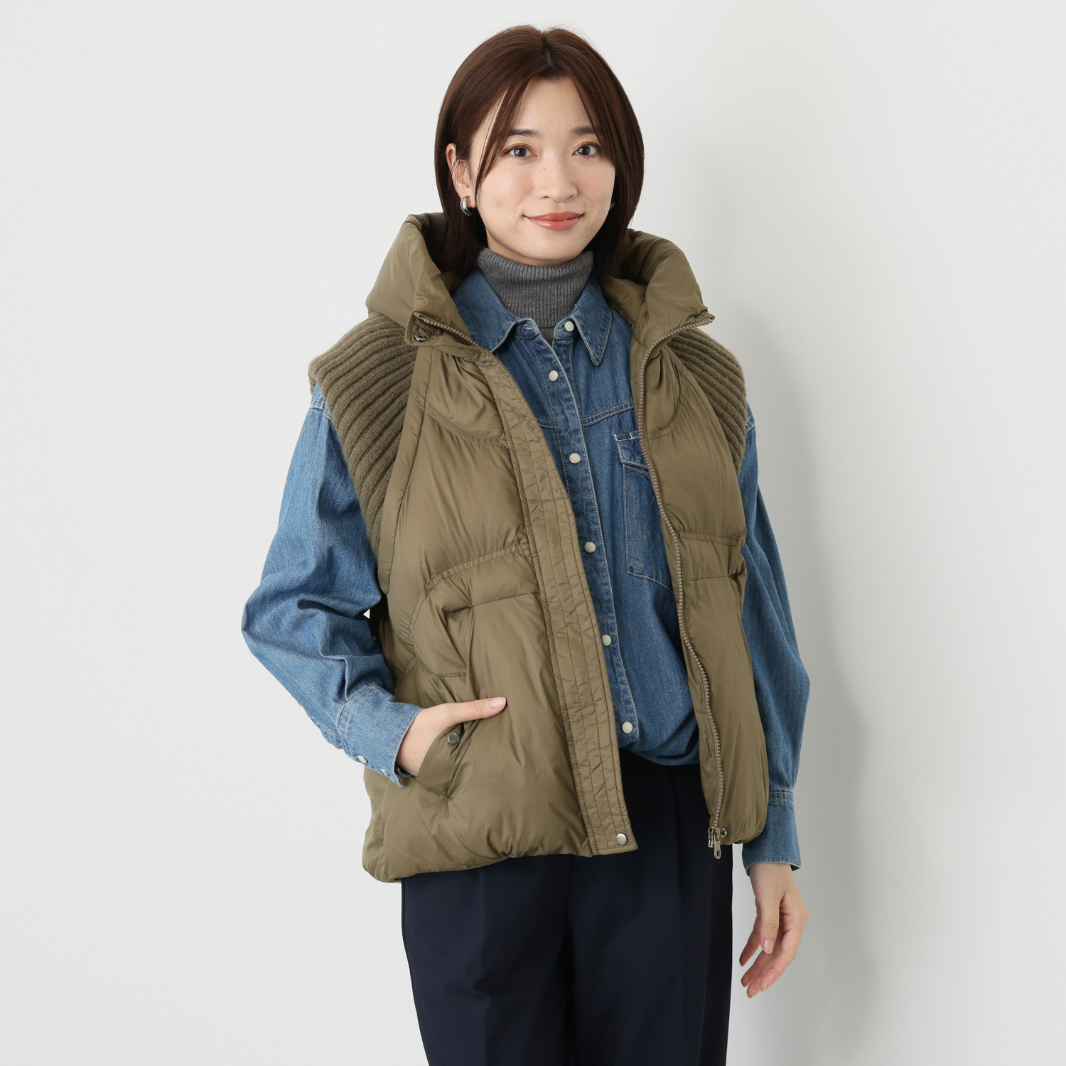 アンリック　オー　ブルー ファイバーダウン ニット切替デザイン フーディーベスト