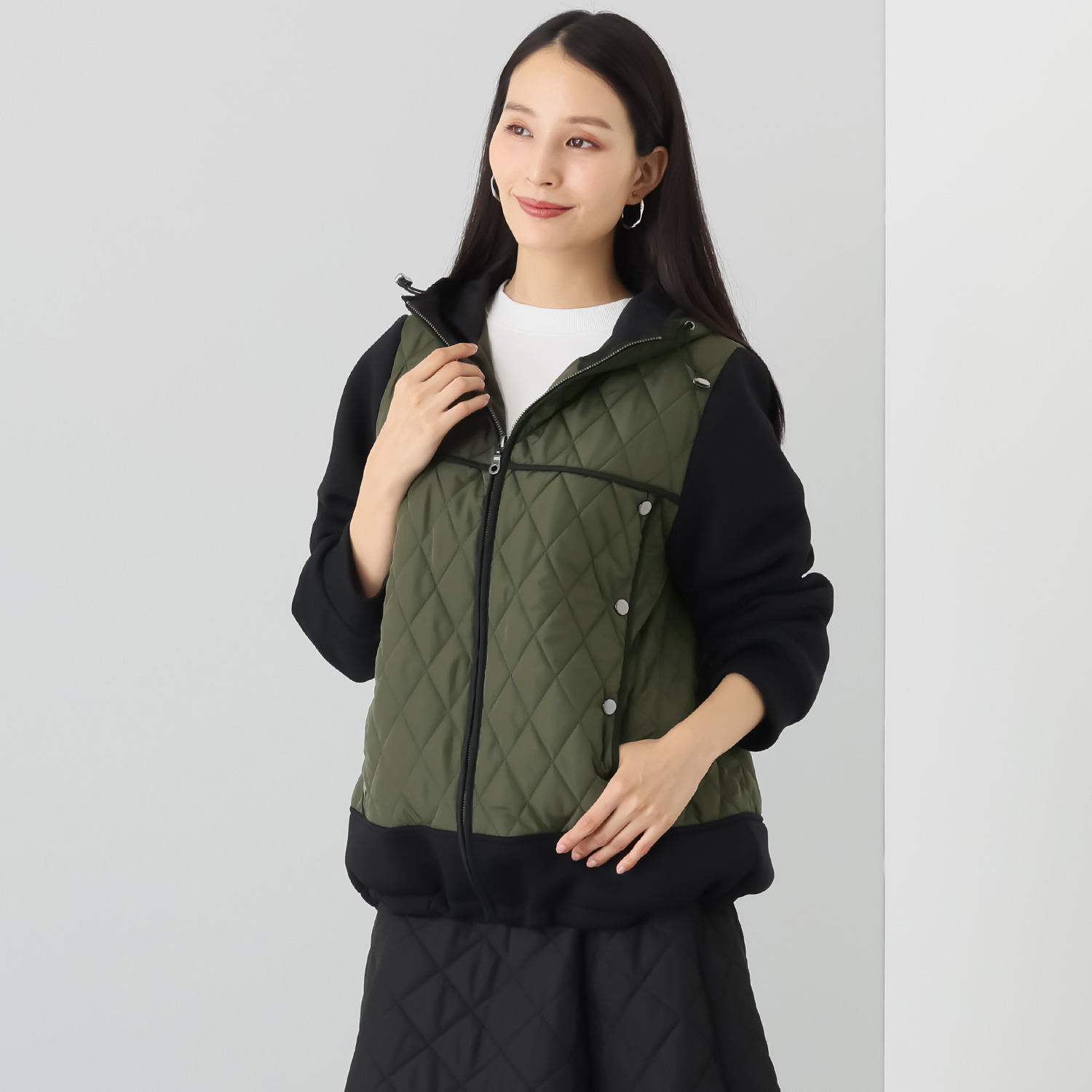 エムズ　スタイル キルト＆ダンボール切替 パイピングアクセント Ａラインシルエット フーディーブルゾン