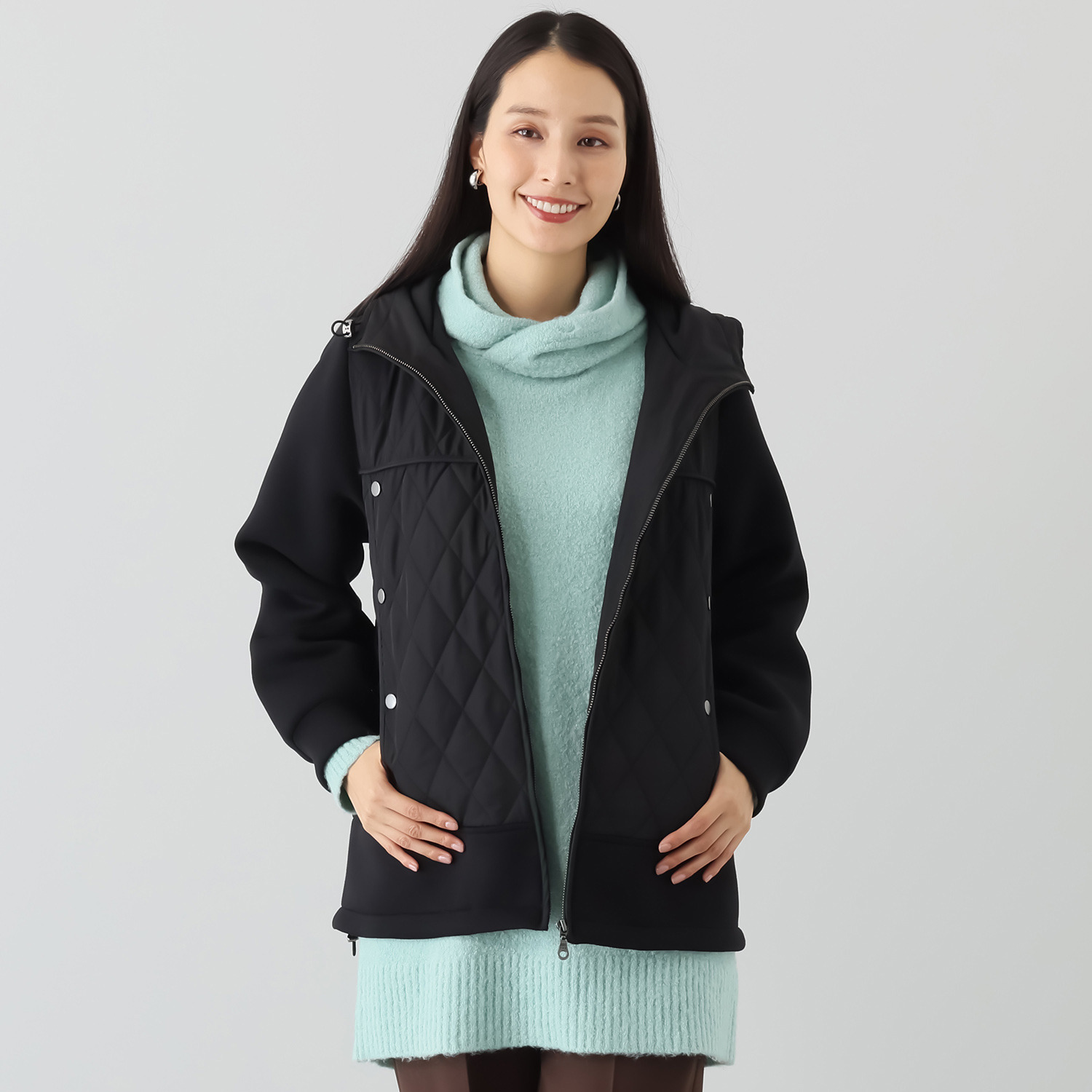 エムズ　スタイル キルト＆ダンボール切替 パイピングアクセント Ａラインシルエット フーディーブルゾン