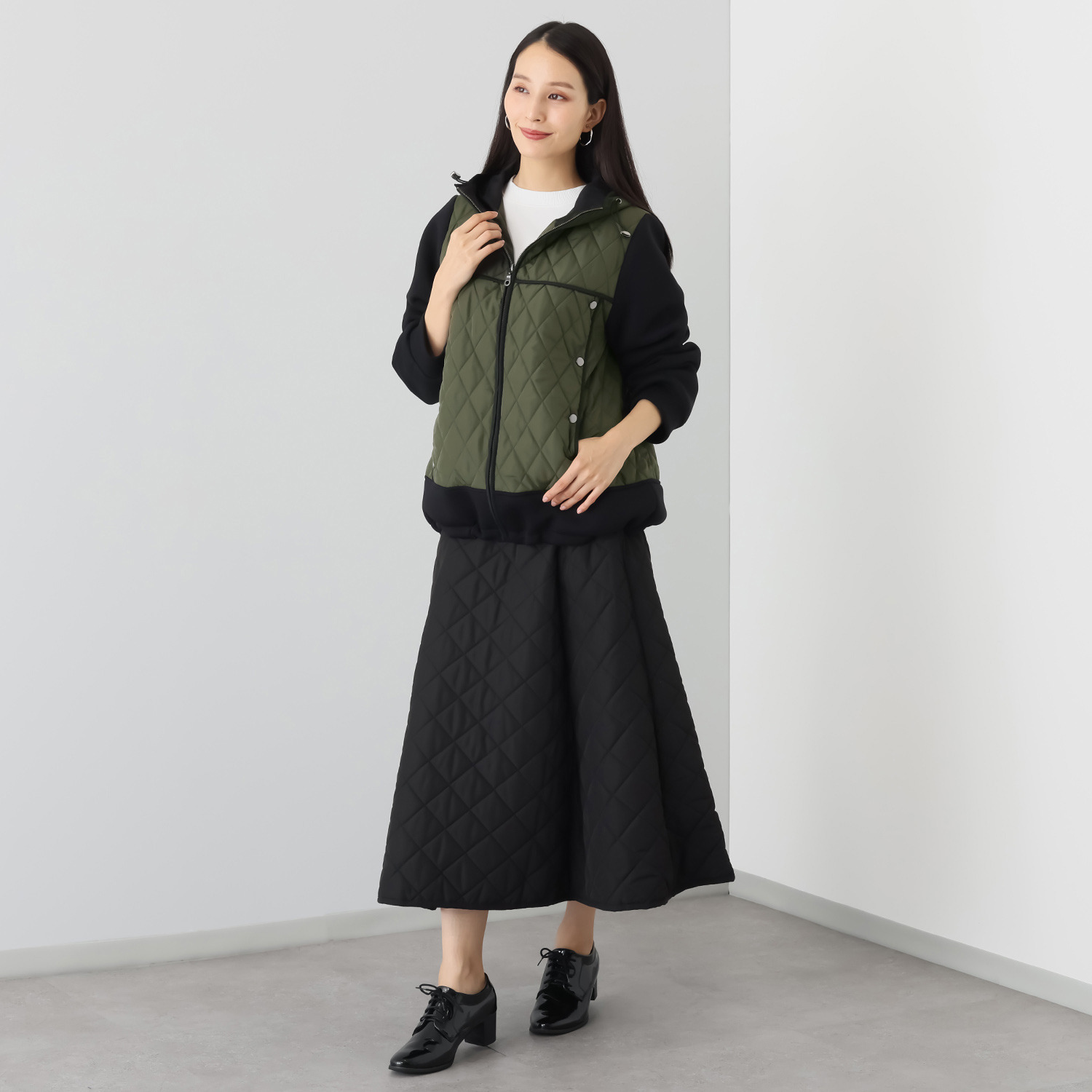 エムズ　スタイル キルト＆ダンボール切替 パイピングアクセント Ａラインシルエット フーディーブルゾン