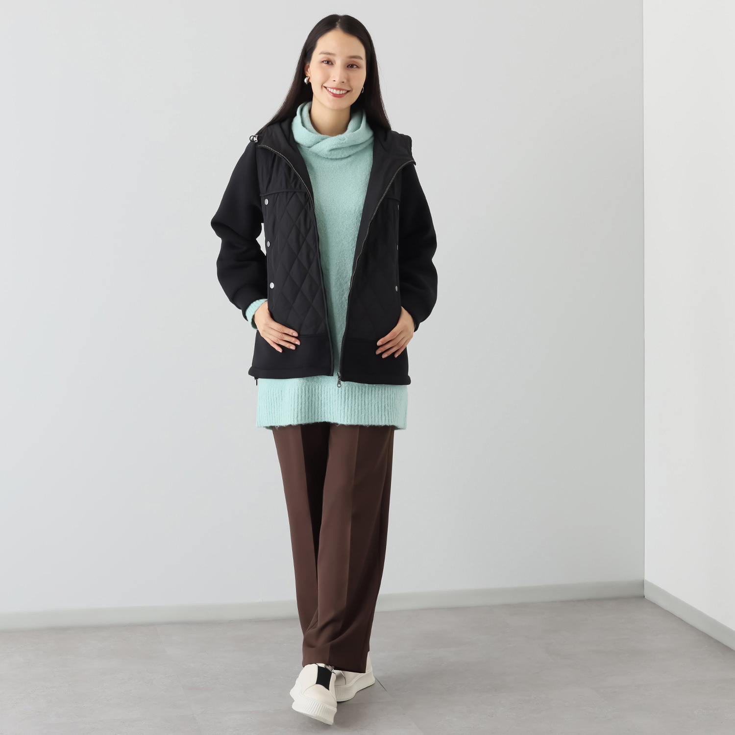 エムズ　スタイル キルト＆ダンボール切替 パイピングアクセント Ａラインシルエット フーディーブルゾン