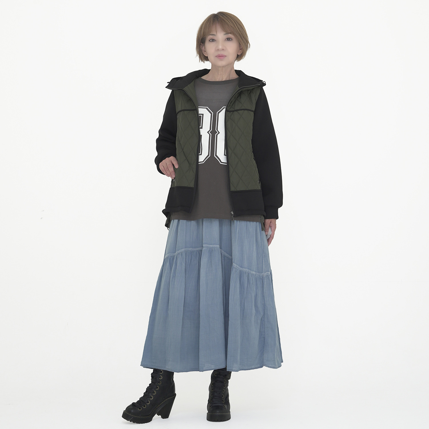 エムズ　スタイル キルト＆ダンボール切替 パイピングアクセント Ａラインシルエット フーディーブルゾン