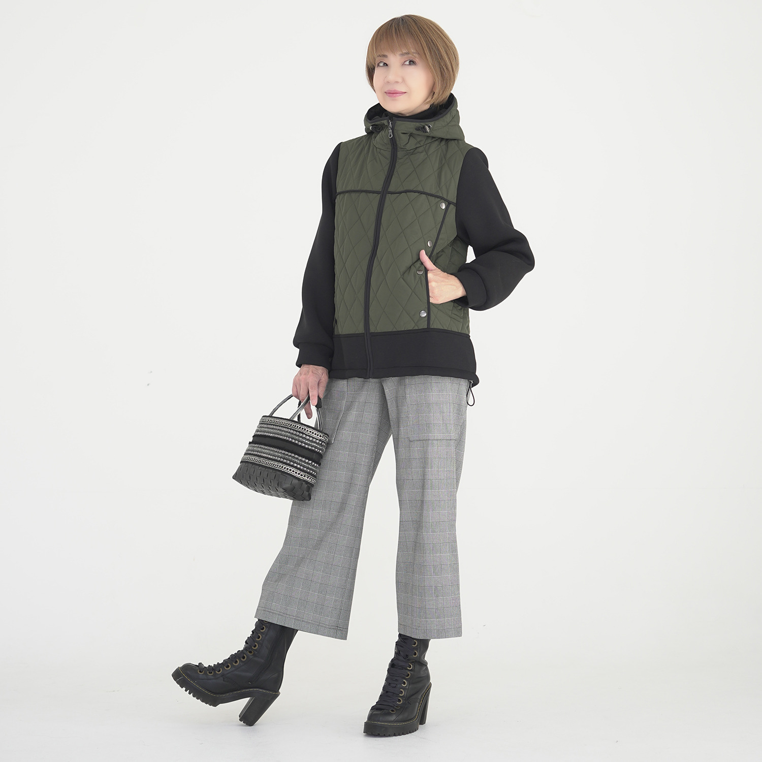 エムズ　スタイル キルト＆ダンボール切替 パイピングアクセント Ａラインシルエット フーディーブルゾン