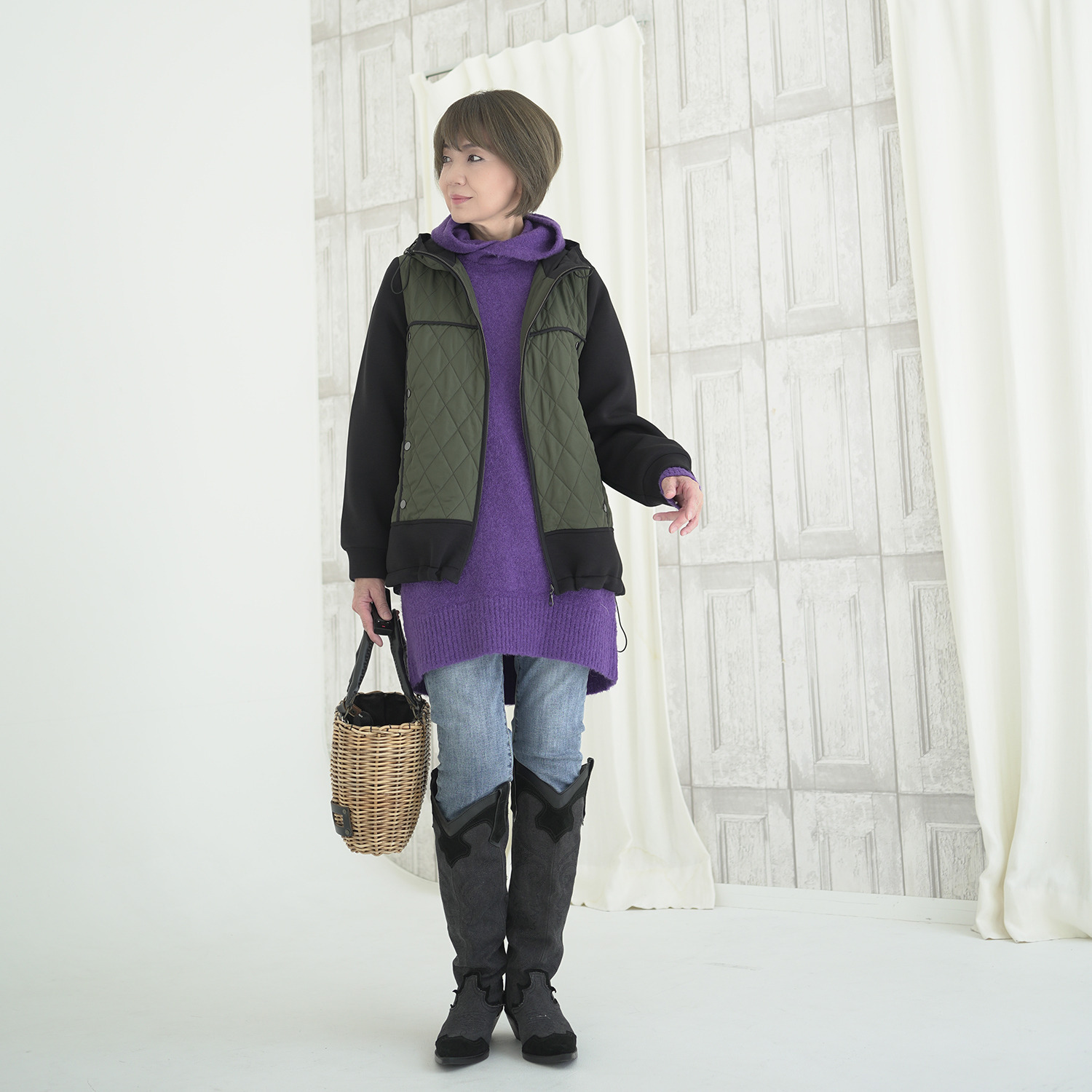 エムズ　スタイル キルト＆ダンボール切替 パイピングアクセント Ａラインシルエット フーディーブルゾン