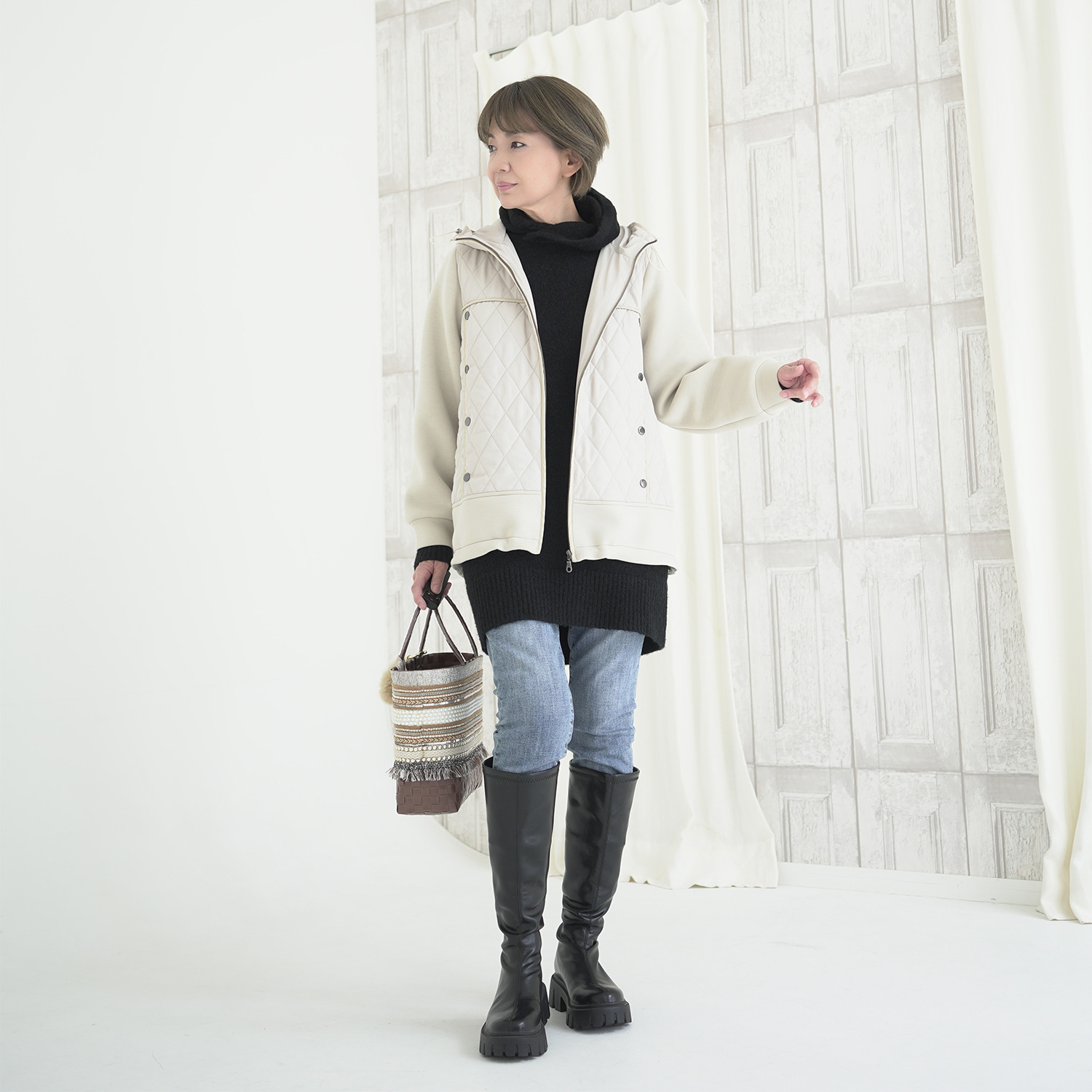 エムズ　スタイル キルト＆ダンボール切替 パイピングアクセント Ａラインシルエット フーディーブルゾン