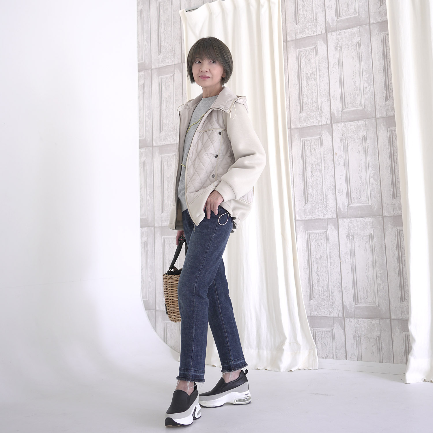 エムズ　スタイル キルト＆ダンボール切替 パイピングアクセント Ａラインシルエット フーディーブルゾン