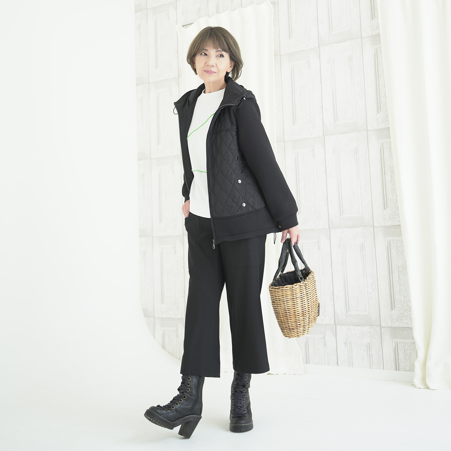 エムズ　スタイル キルト＆ダンボール切替 パイピングアクセント Ａラインシルエット フーディーブルゾン