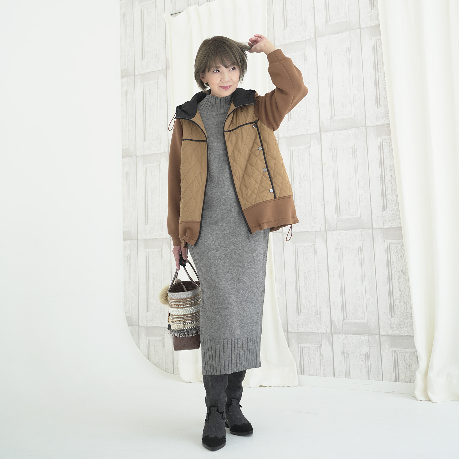 エムズ　スタイル キルト＆ダンボール切替 パイピングアクセント Ａラインシルエット フーディーブルゾン