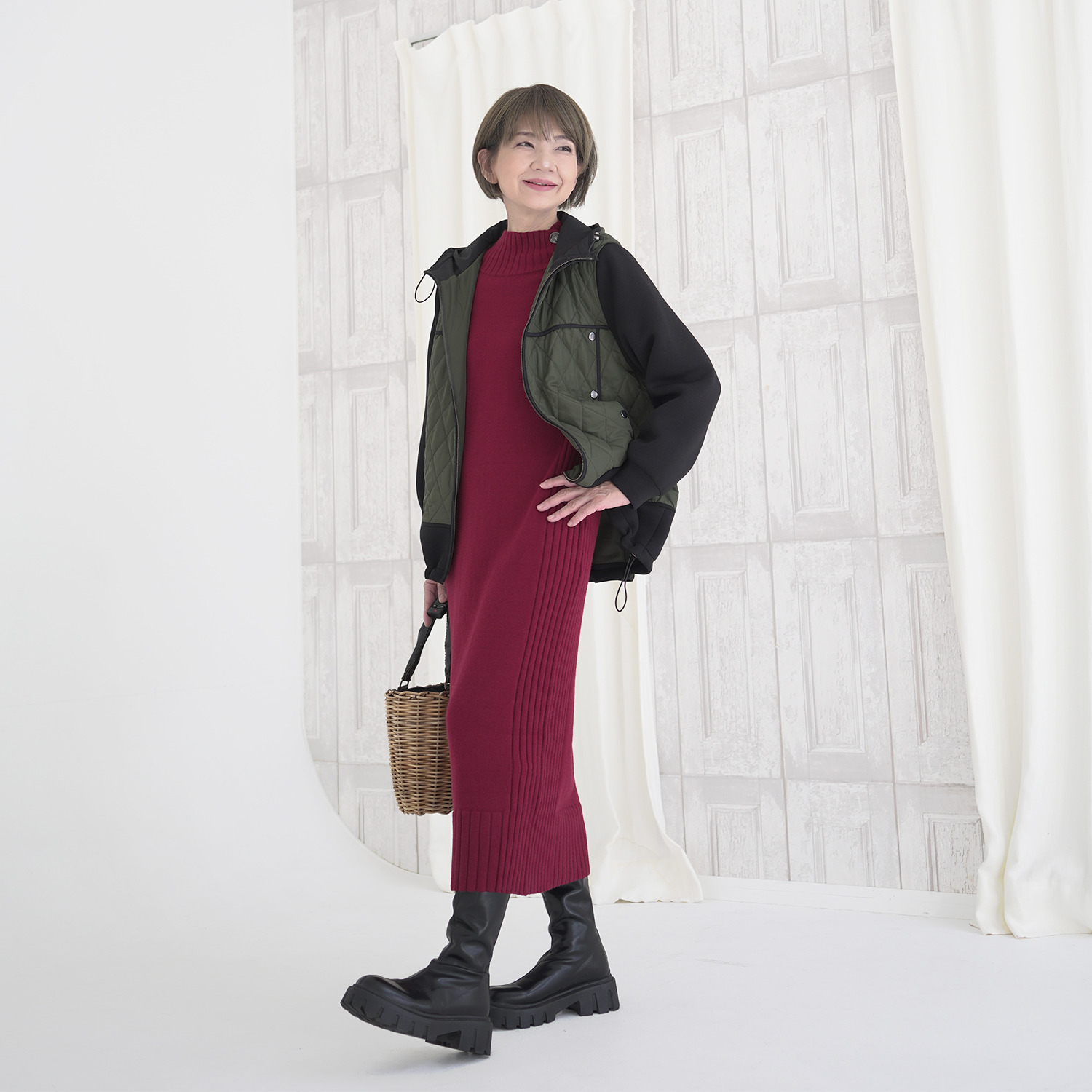 エムズ　スタイル ボタンアクセント リブ編切替デザイン ニットワンピース