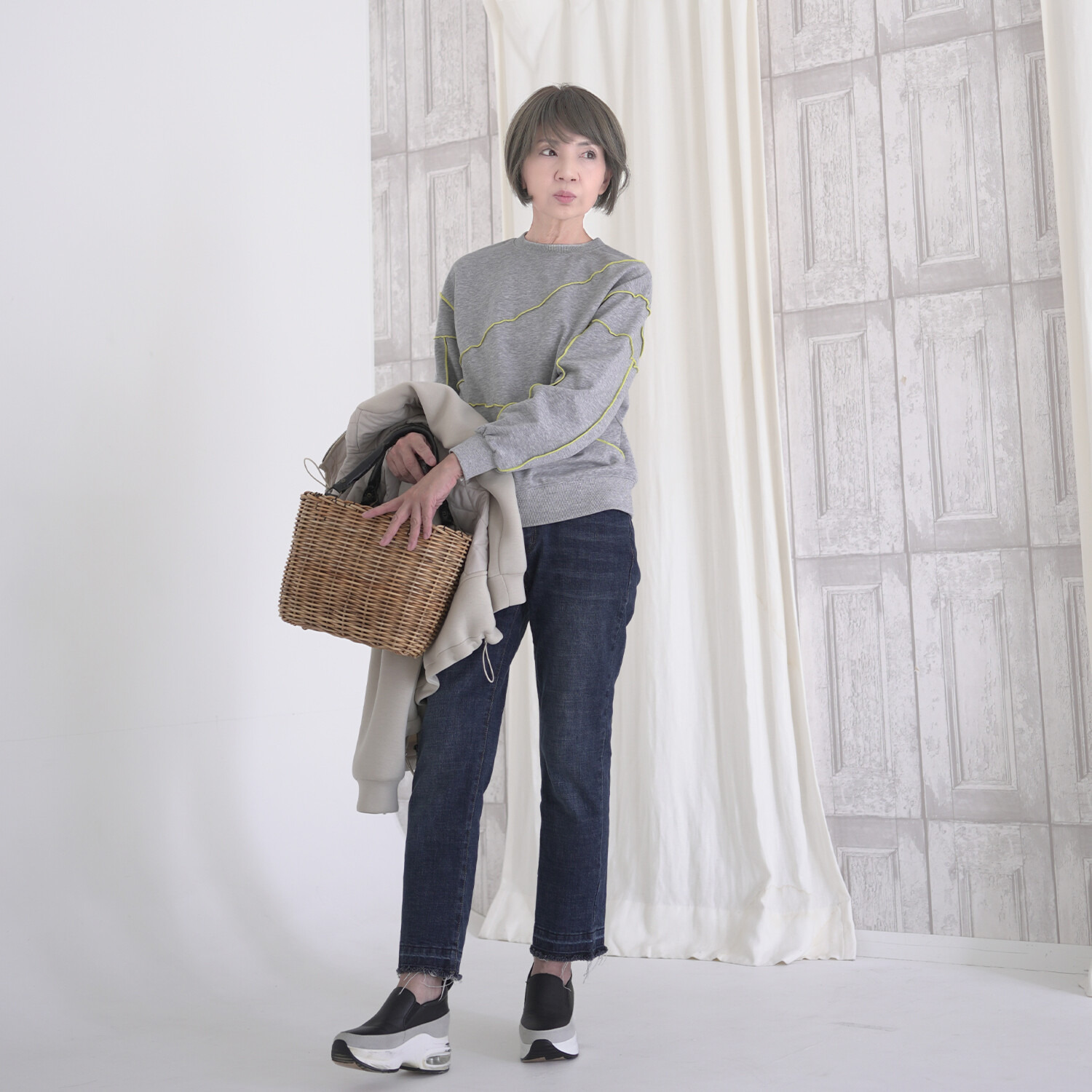 エムズ　スタイル ソフトミニ裏毛 アシンメトリー切替 メロウデザイン 大人トレーナー