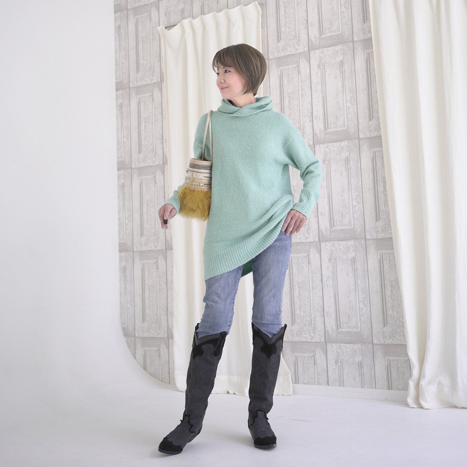 エムズ　スタイル ブークレニット フーディーデザイン チュニックプルオーバー