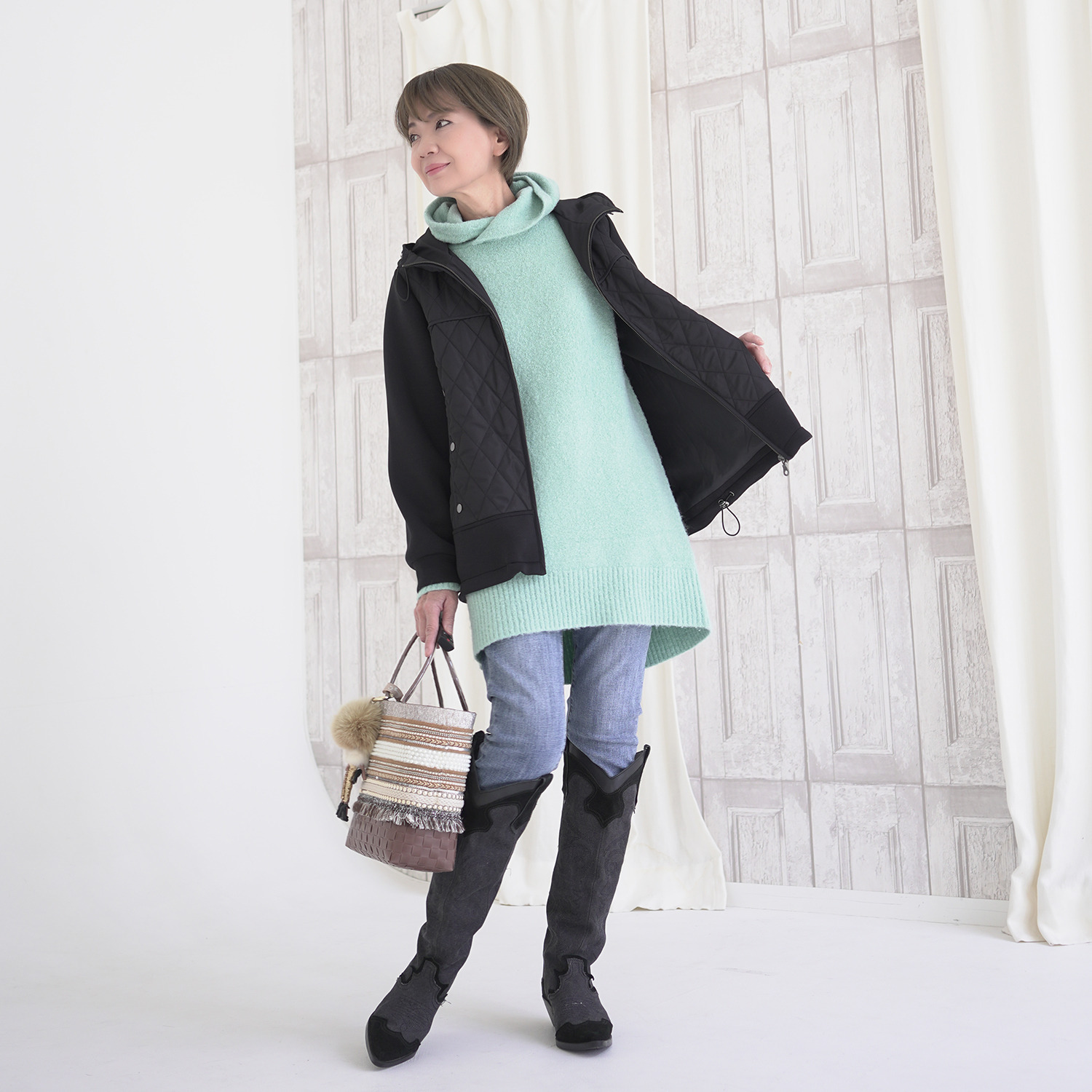 エムズ　スタイル ブークレニット フーディーデザイン チュニックプルオーバー