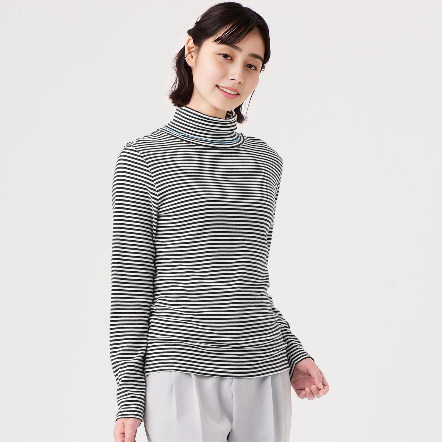 ポンデシャロン 日本製 ボーダータートルネック プルオーバー