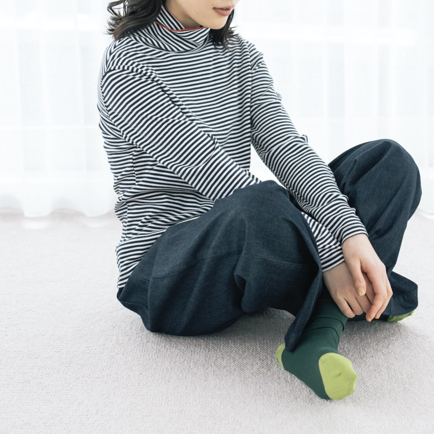 ポンデシャロン 日本製 ボーダータートルネック プルオーバー