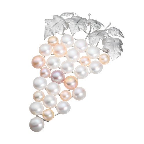 パール　ユリマ　シルバー　ナチュラルカラー　淡水パール　ビッグブドウ　デザインブローチ