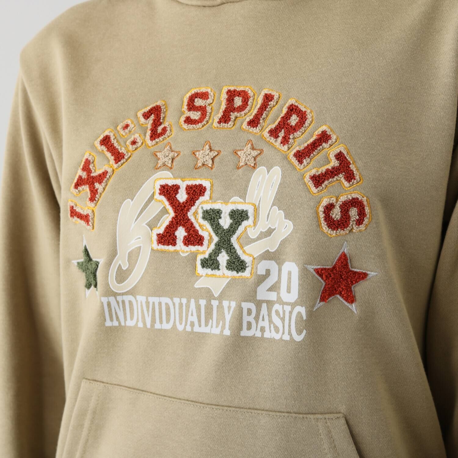 イクシーズ カレッジ風 ヴィンテージ調ロゴ プルパーカー