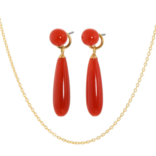 珠里　地中海サンゴ　チャーム付　スタッドピアス＆　チェーンネックレス