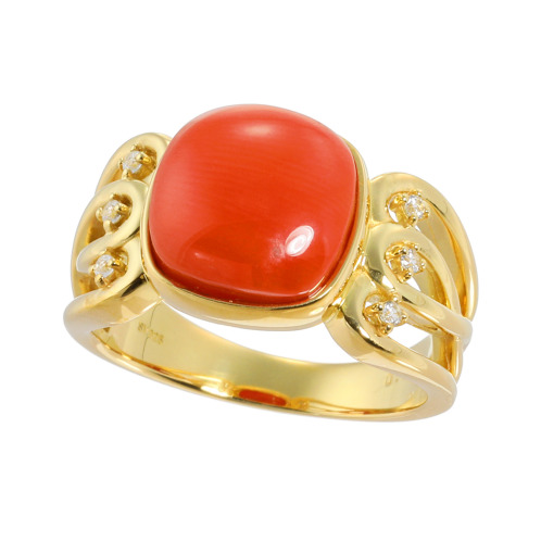 珠里　シルバー　地中海サンゴ＆　ホワイトサファイア　カボションリング