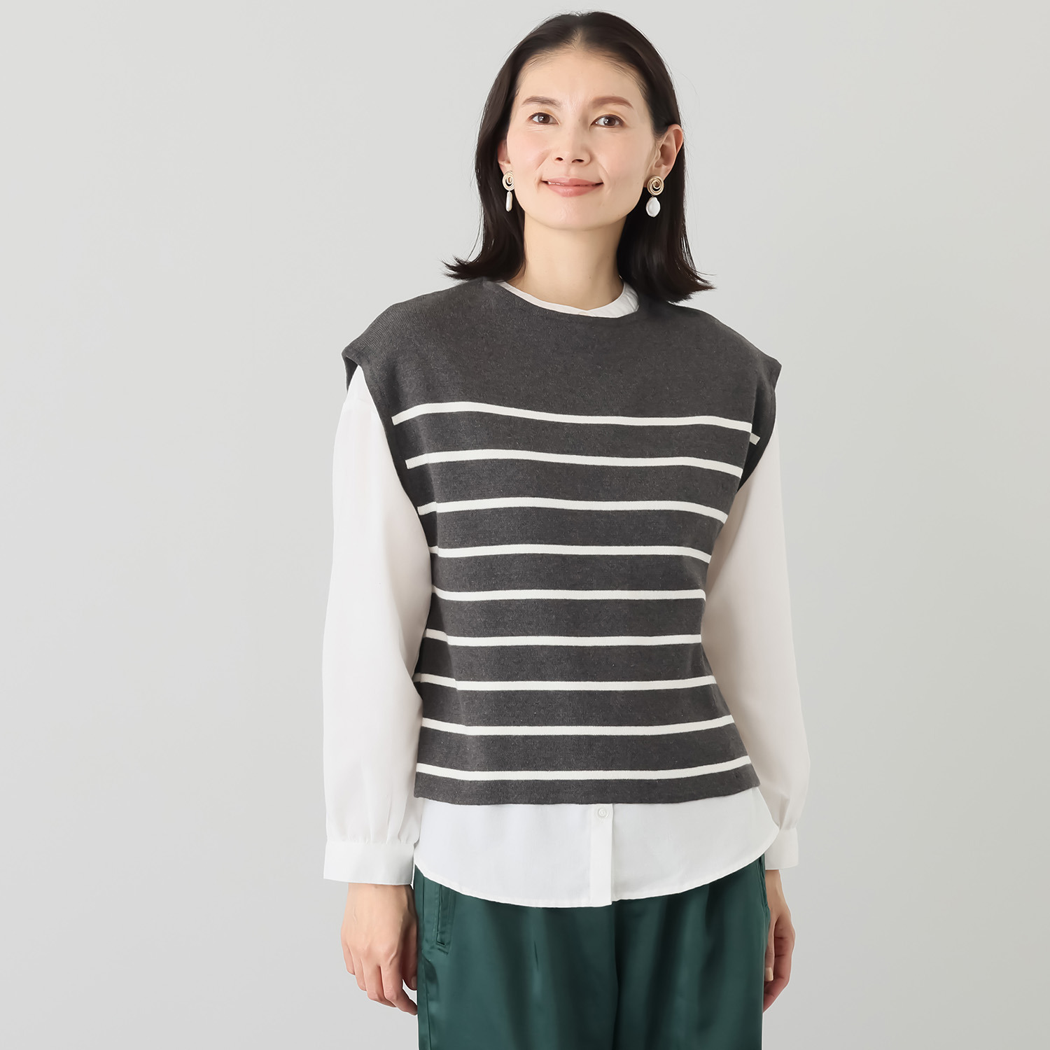 エムエムオー ボーダーニットベスト× 無地ブラウス アンサンブル