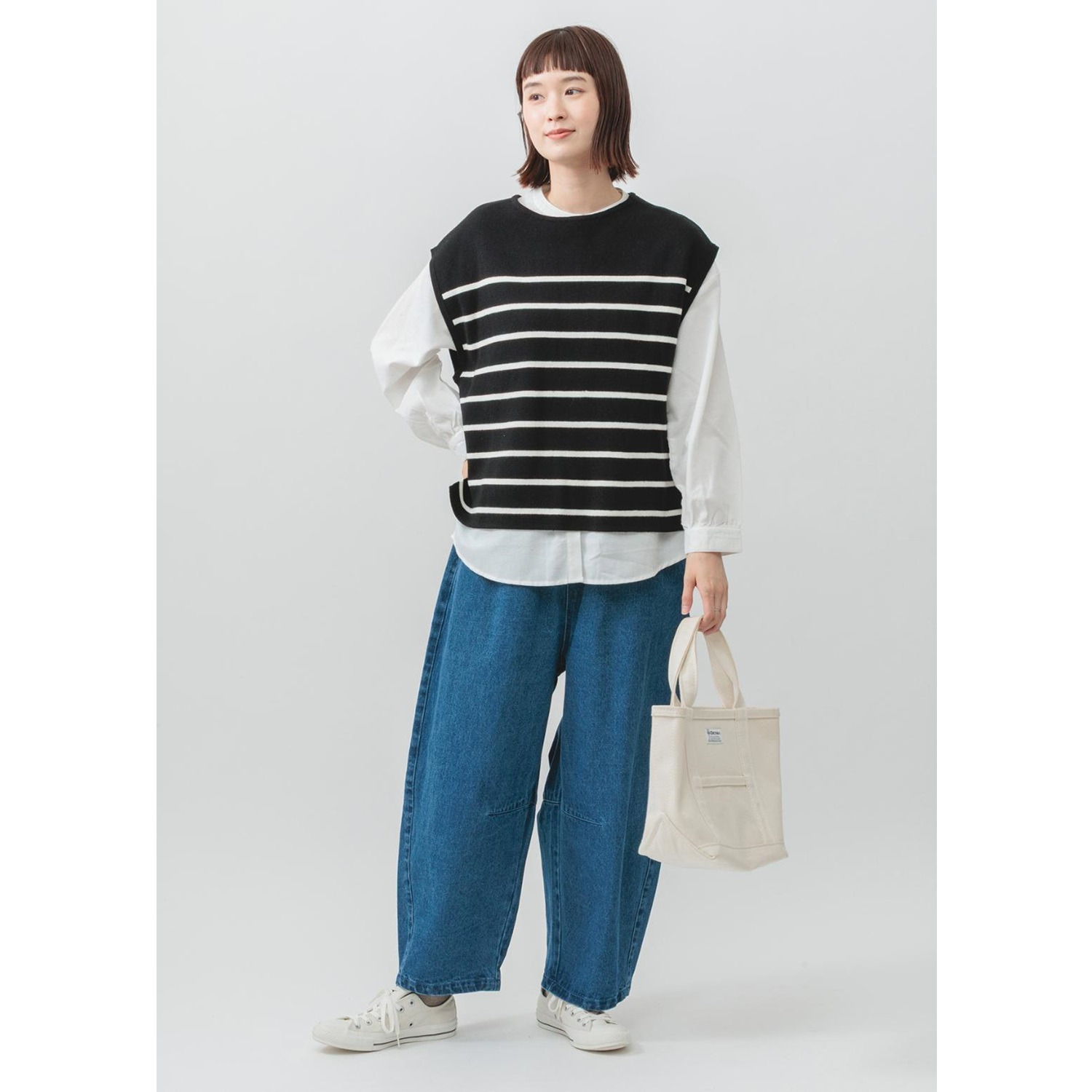 エムエムオー ボーダーニットベスト× 無地ブラウス アンサンブル