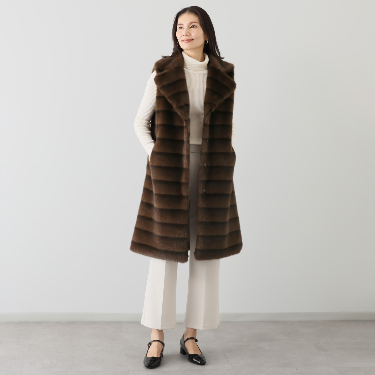 マリエール ミンク調エコファー テーラードカラー ロングベスト
