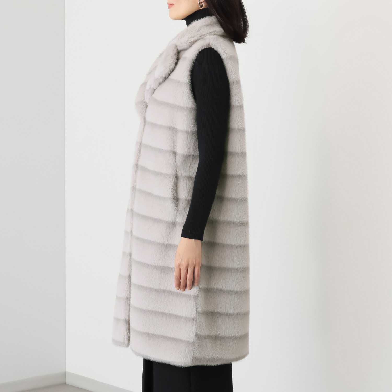 マリエール ミンク調エコファー テーラードカラー ロングベスト