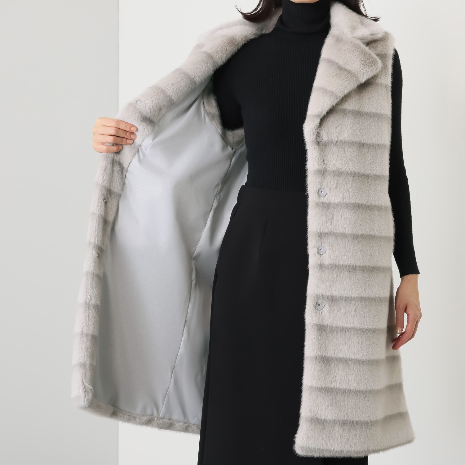 マリエール ミンク調エコファー テーラードカラー ロングベスト