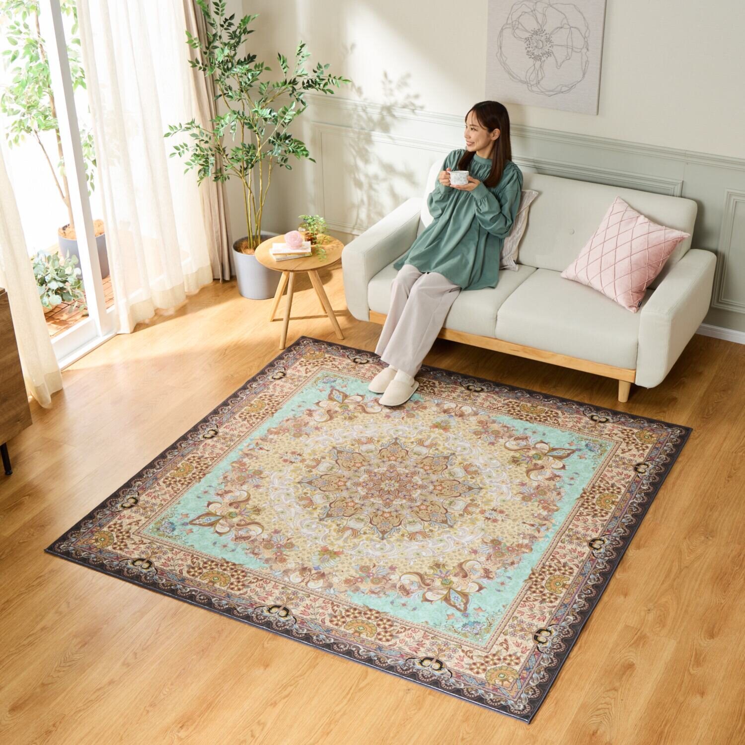 はっ水加工 ペルシャンデザイン ウールタッチカーペット “リオネッタ” ＜１９０×１９０ｃｍ＞