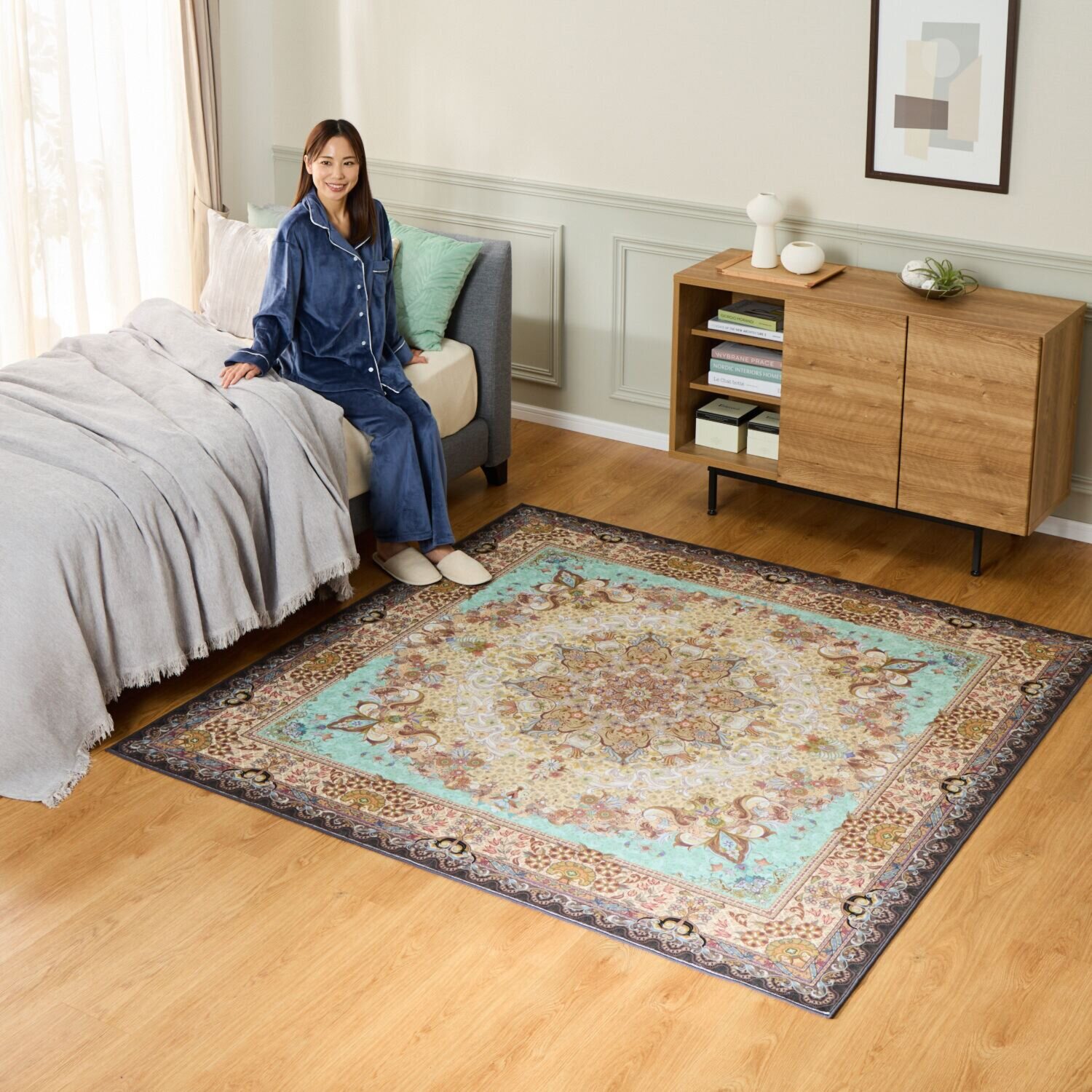 はっ水加工 ペルシャンデザイン ウールタッチカーペット “リオネッタ” ＜１９０×１９０ｃｍ＞