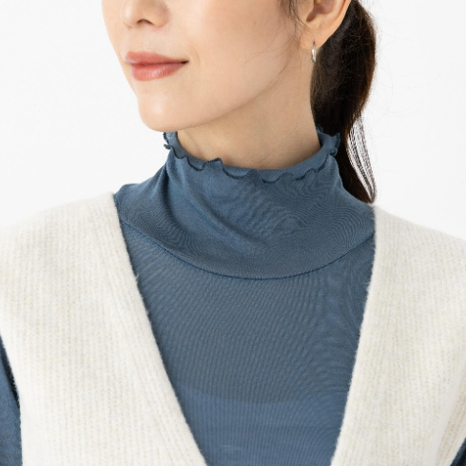 マリランテ 強撚糸綿１００％ ハイネック＆丸首七分袖 薄くてさらさらインナー 同色２枚セット