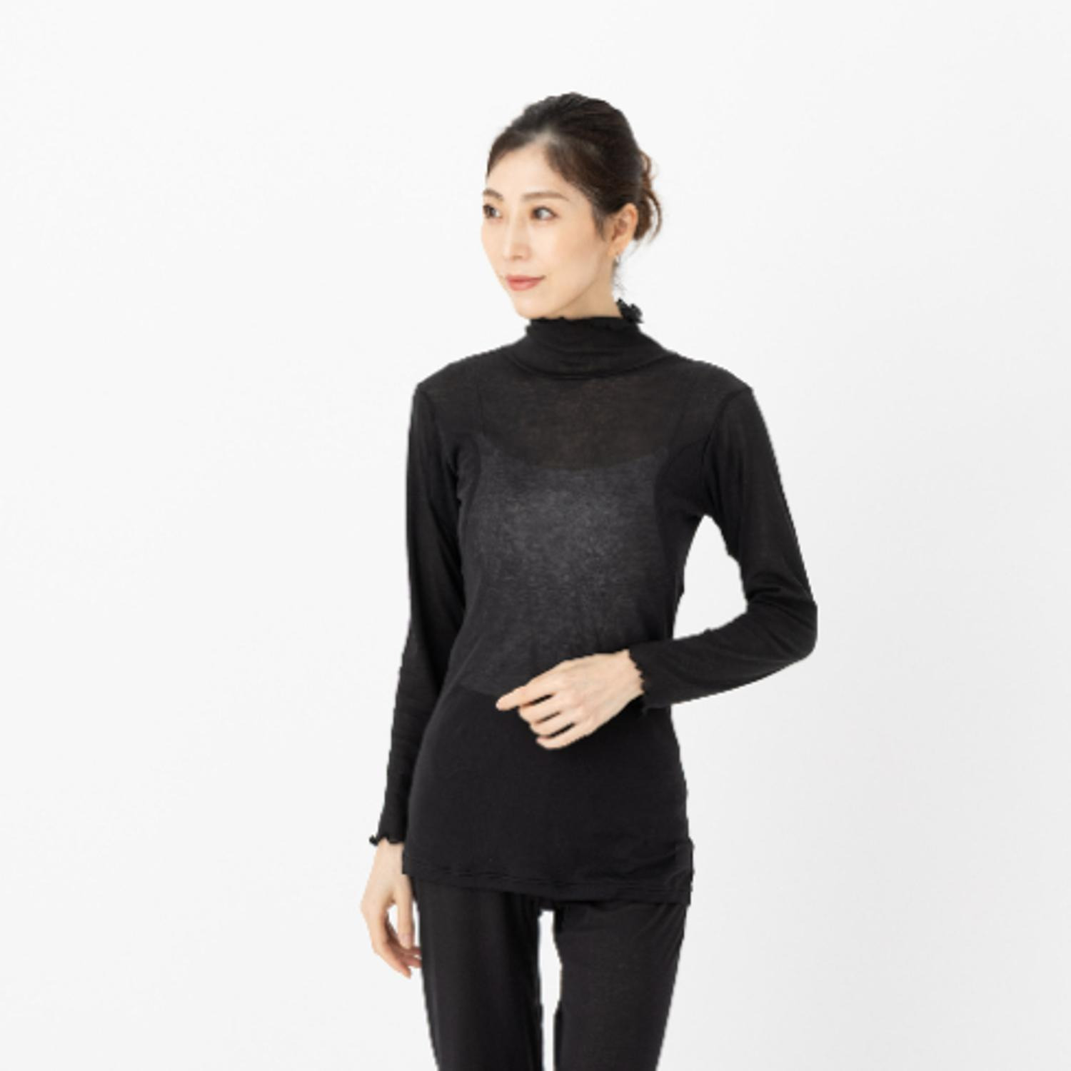 マリランテ 強撚糸綿１００％ ハイネック＆丸首七分袖 薄くてさらさらインナー 同色２枚セット