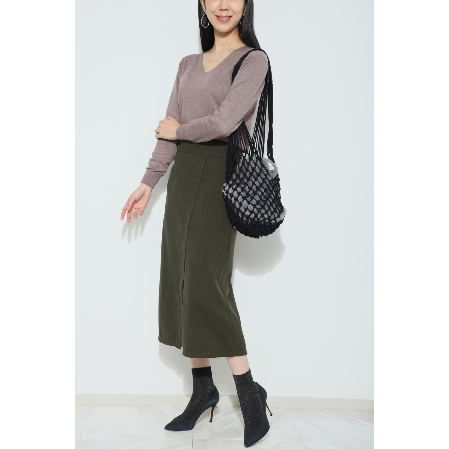 ベルモサ 軽量 巾着フェイクファー メッシュバッグ