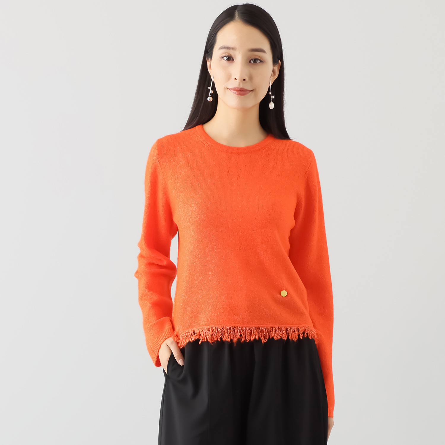 センスローブ 裾フリンジ ニットプルオーバー