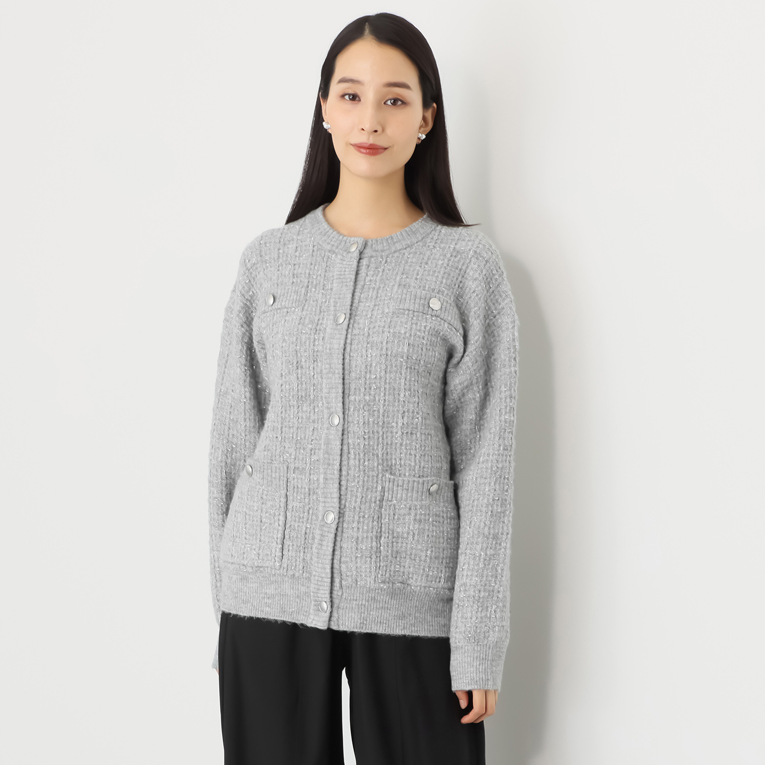 センスローブ ボタンアクセント ツイードライク ニットカーディガン