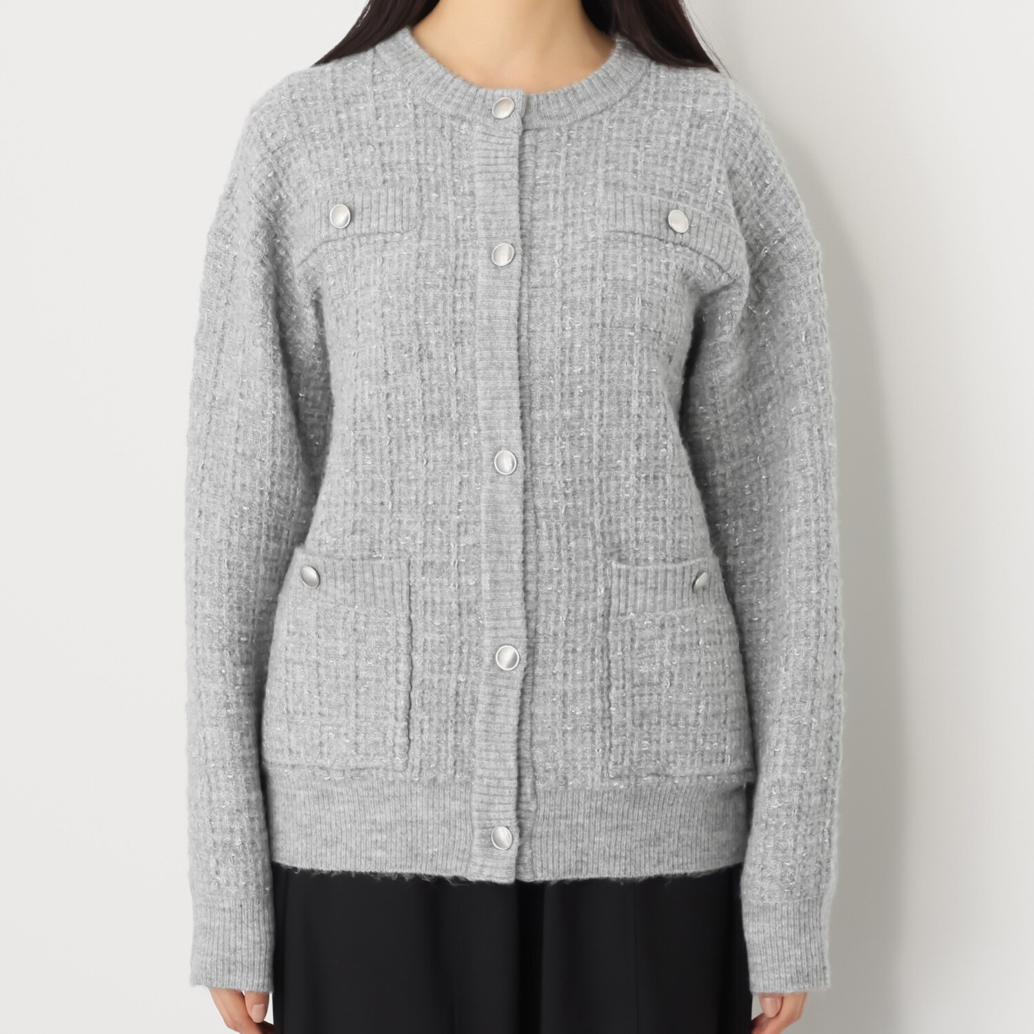 センスローブ ボタンアクセント ツイードライク ニットカーディガン