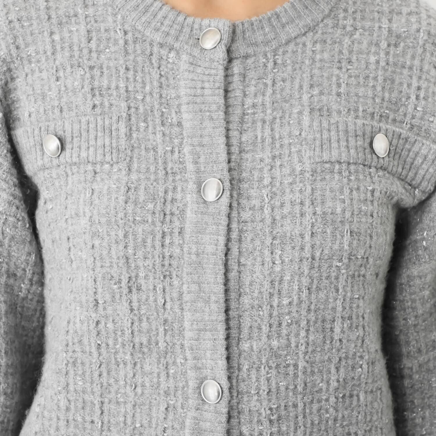 センスローブ ボタンアクセント ツイードライク ニットカーディガン