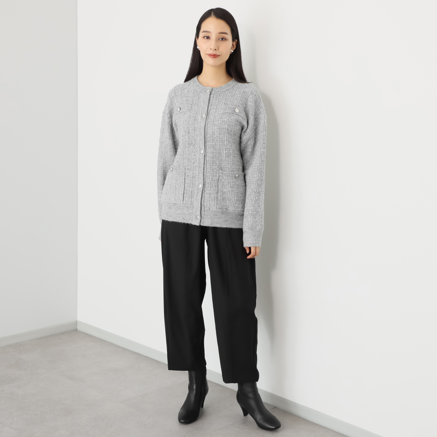 センスローブ ボタンアクセント ツイードライク ニットカーディガン