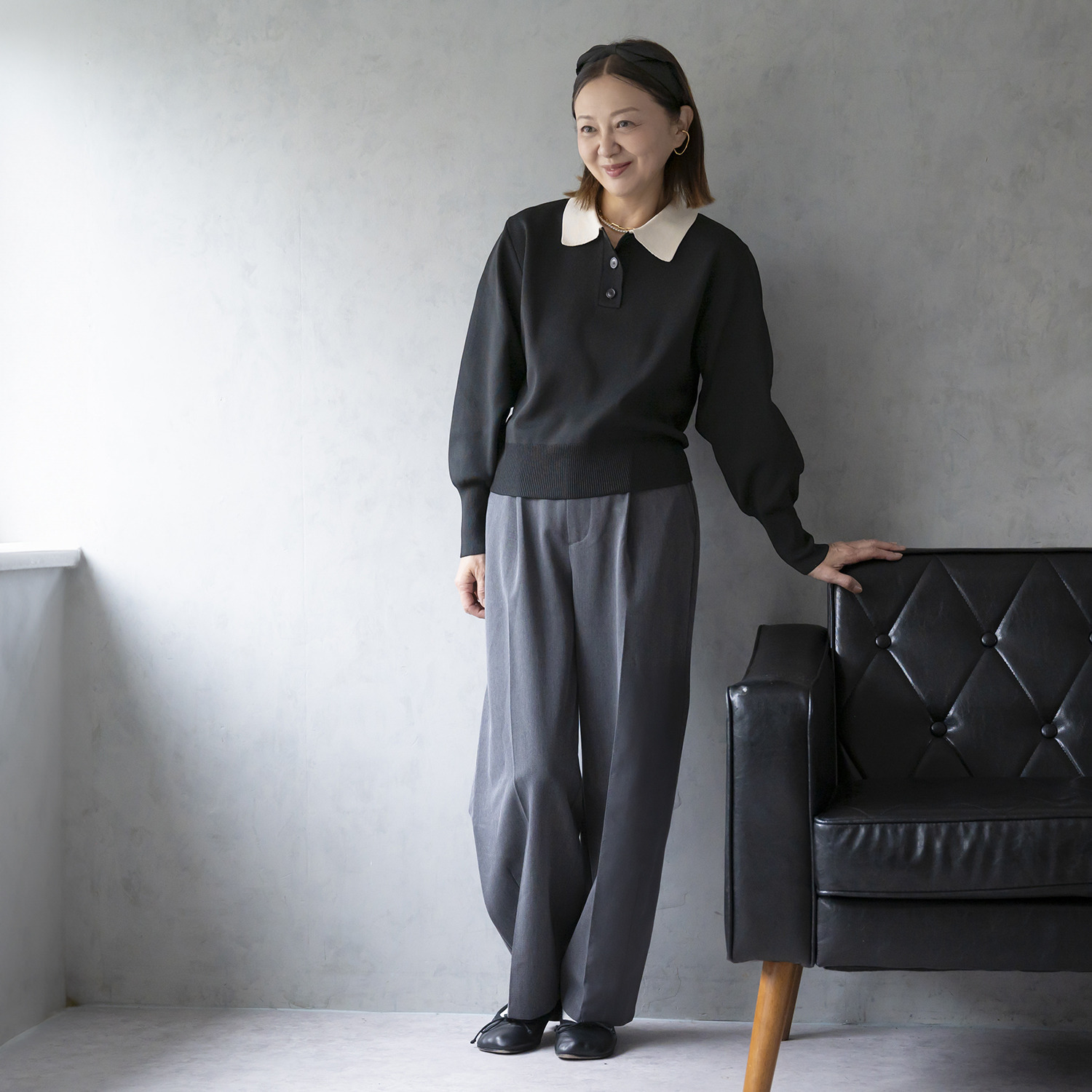 イロプライム ふんわりシルエットの 華やかニットポロシャツ