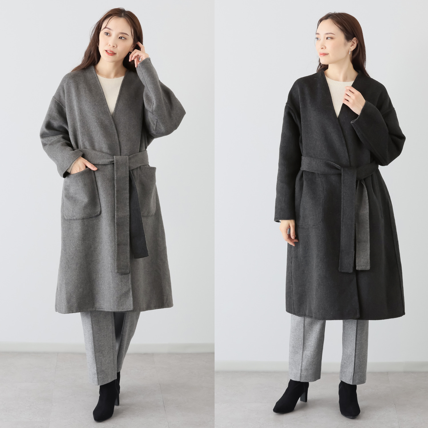 アンドスピカ ウールブレンド ノーカラー リバー仕立てコート