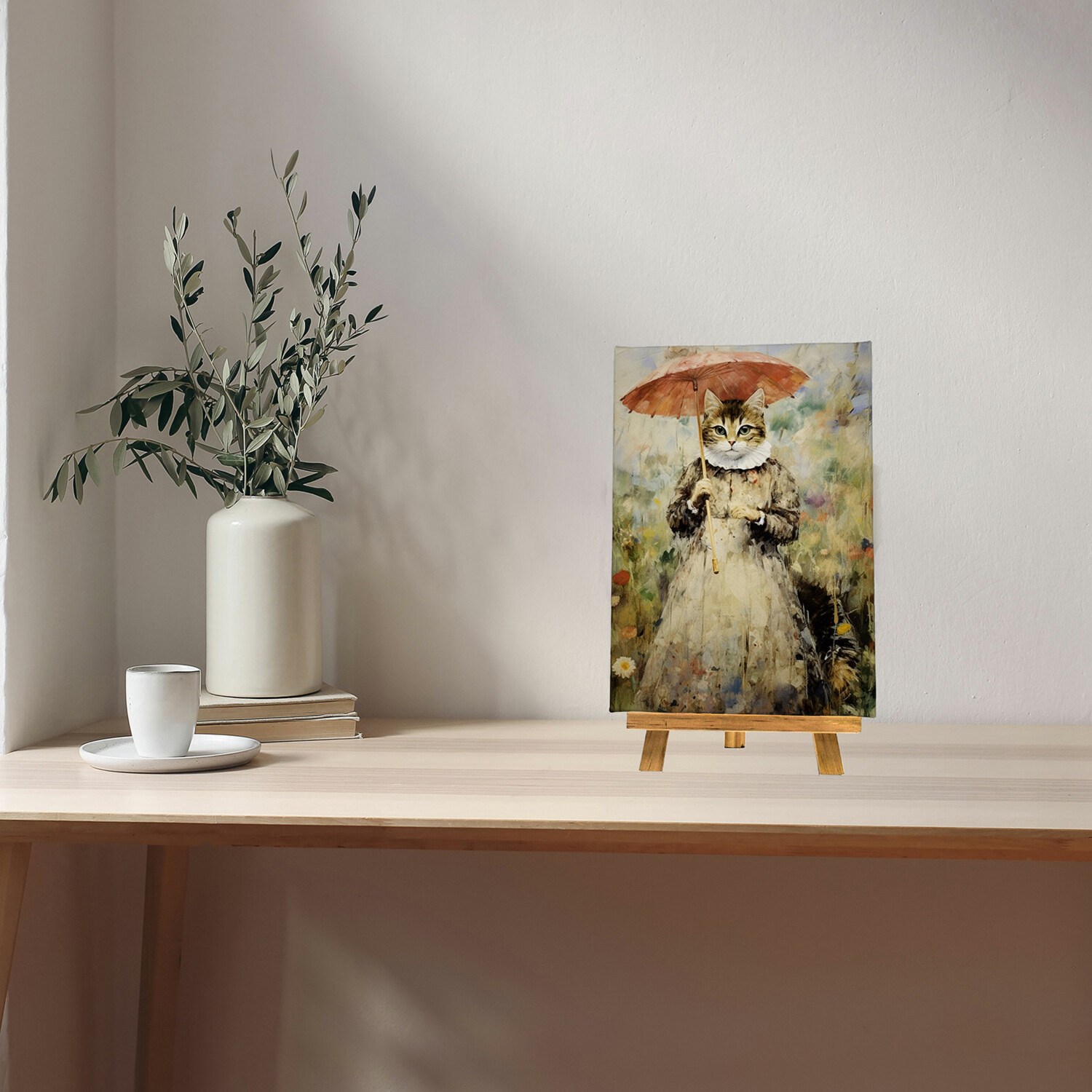 インテリアアート “日傘をさす猫” ＜約３３×２４ｃｍ＞